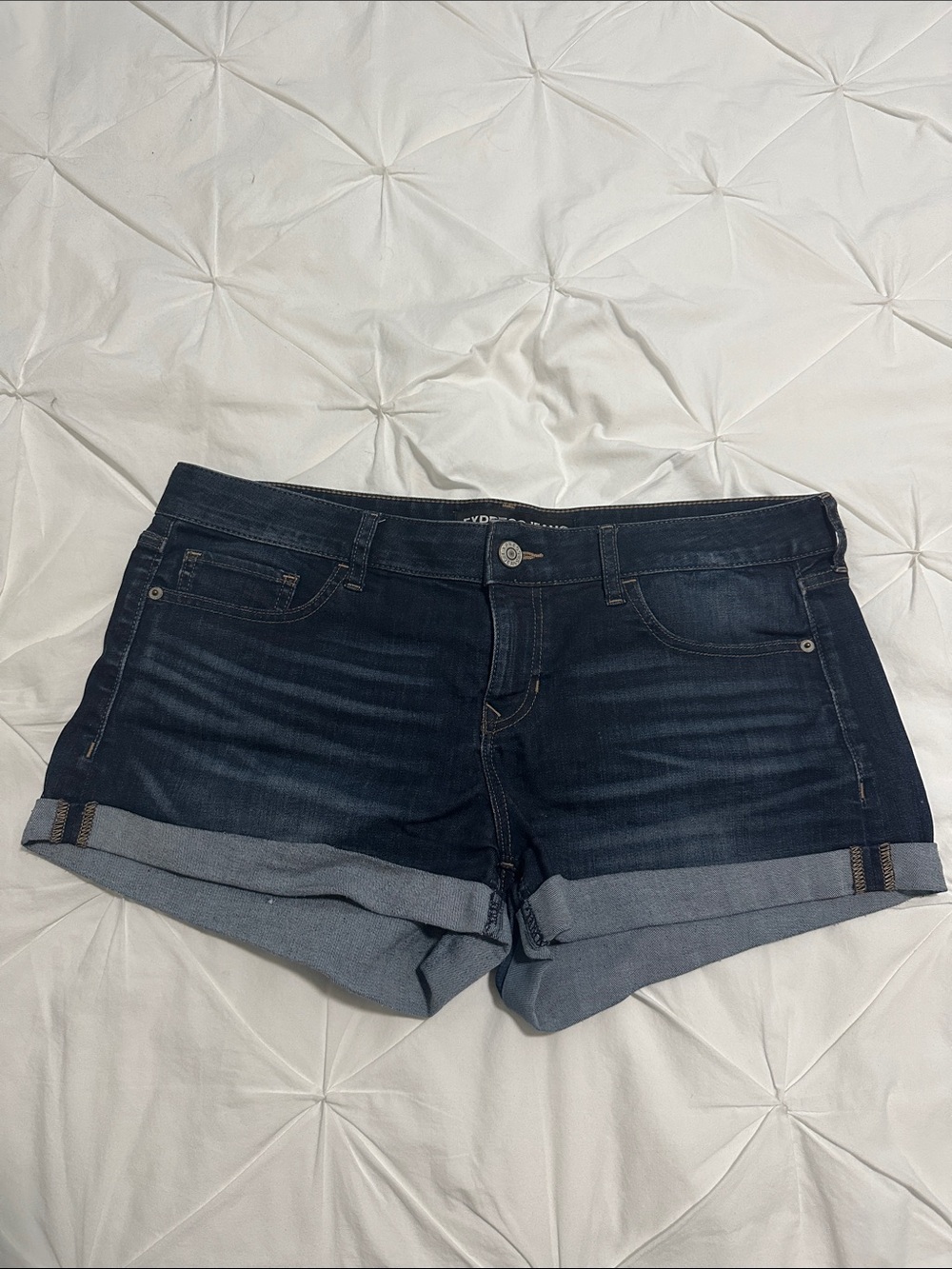 Express Women's Dark Blue Denim Cuffed Shorts - size 12